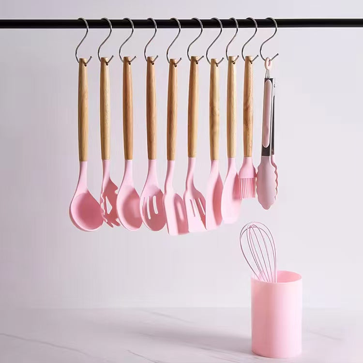 600g/700g/800g Wood-handled silicone kitchenware set - 12-piece set