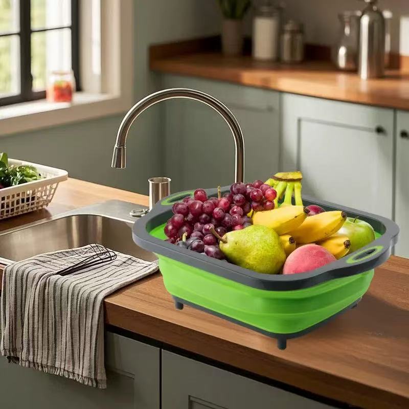 Multifunctional silicone folding draining basket / chopping board