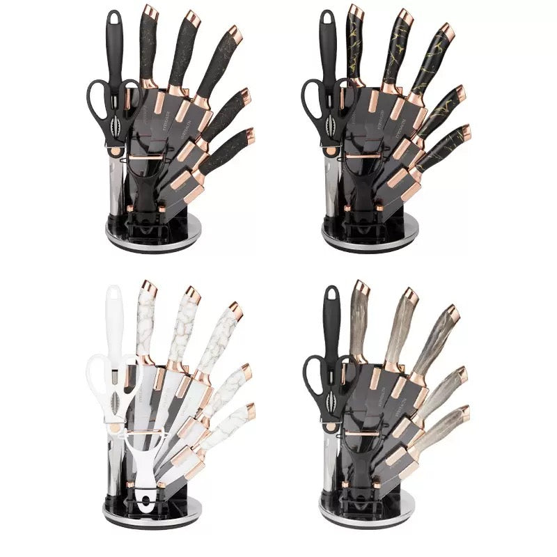 Stainless steel marble-pattern chef's knife set - 9-piece set