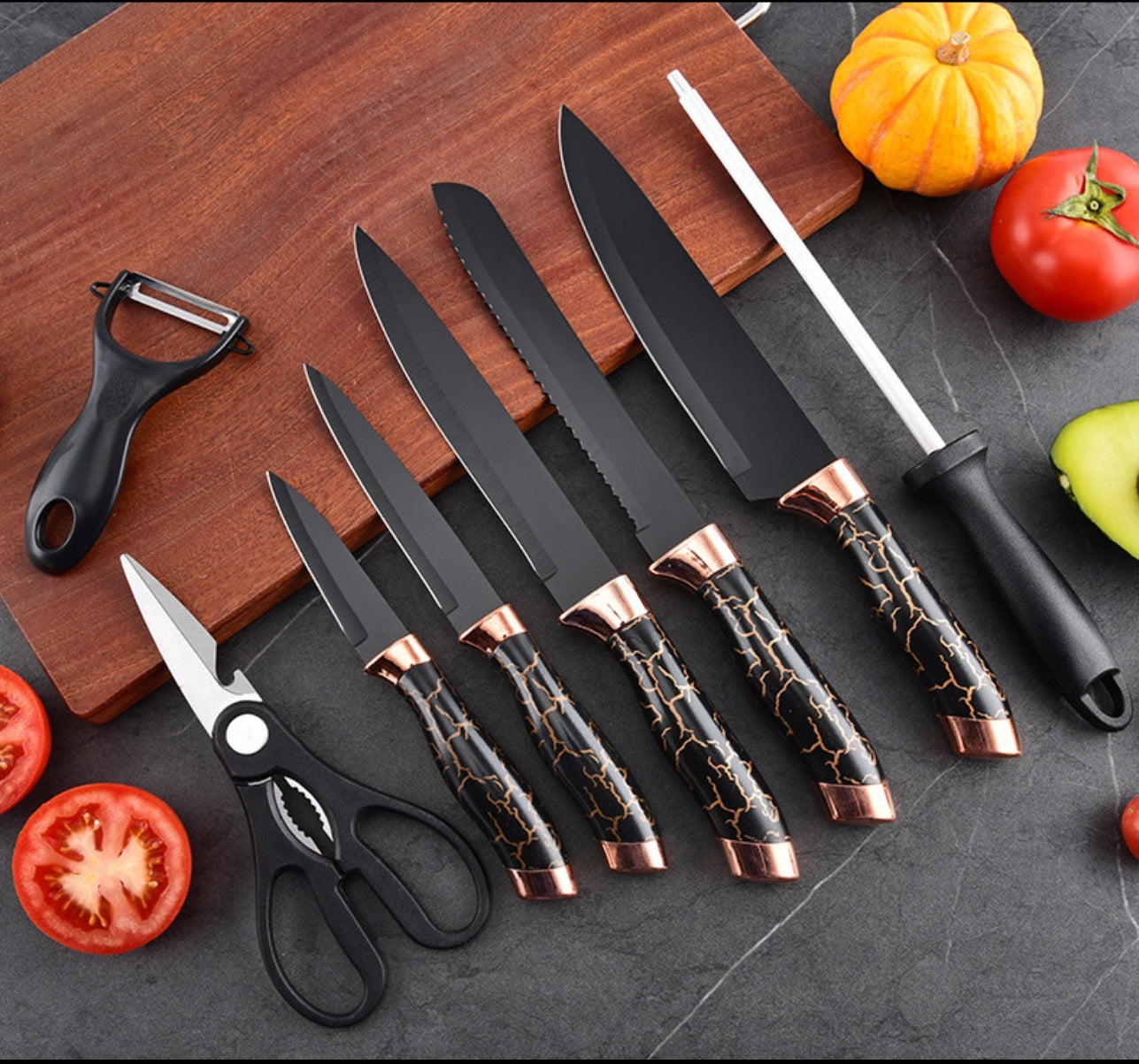 Stainless steel marble-pattern chef's knife set - 9-piece set