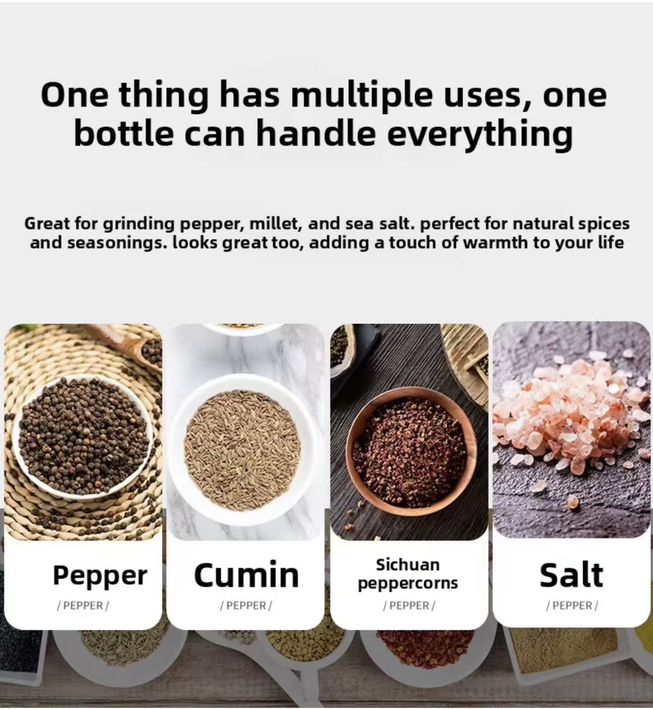 Manual 6-inch, 8-inch, 10-inch pepper grinder, oak pepper grinding jar for making fresh pepper powder for seasoning