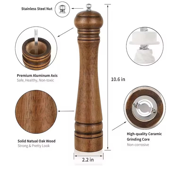 Manual 5-inch, 8-inch, 10-inch pepper grinder, oak pepper grinding jar for making fresh pepper powder for seasoning