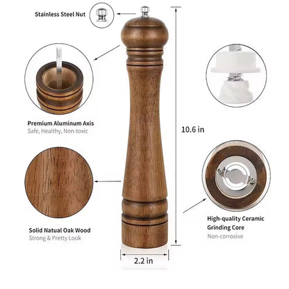 Manual 5-inch, 8-inch, 10-inch pepper grinder, oak pepper grinding jar for making fresh pepper powder for seasoning