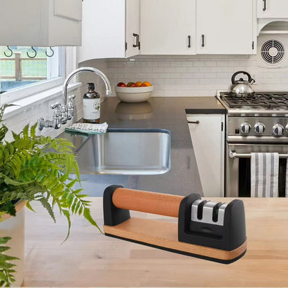 Wood-handled household kitchen knife sharpener