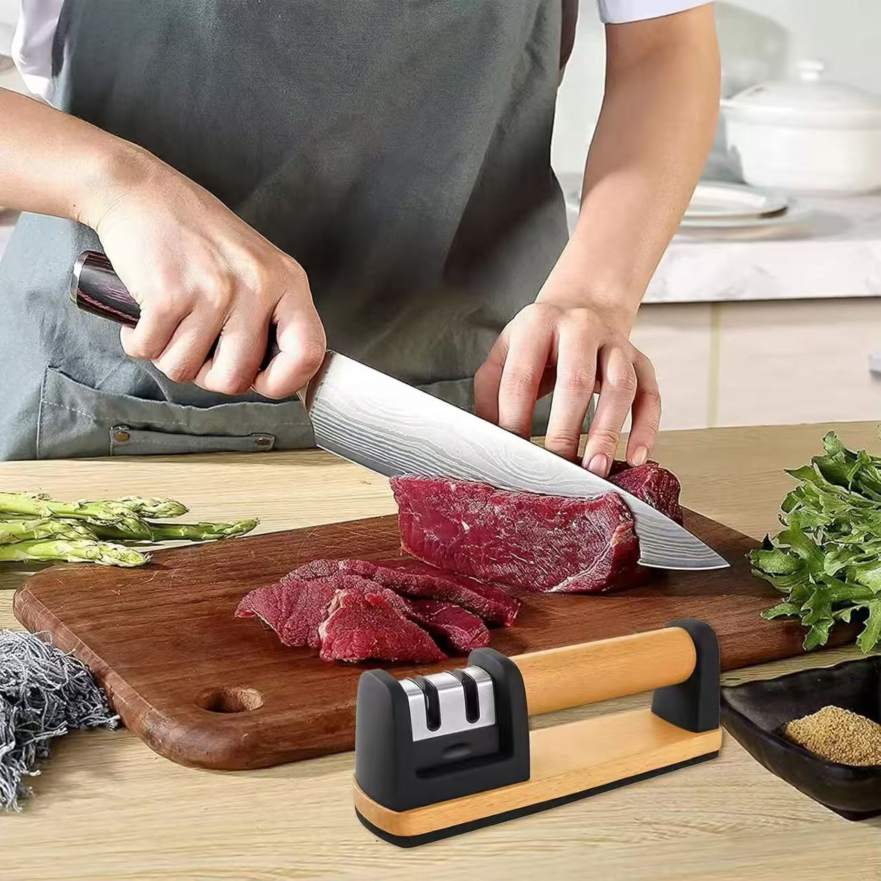Wood-handled household kitchen knife sharpener