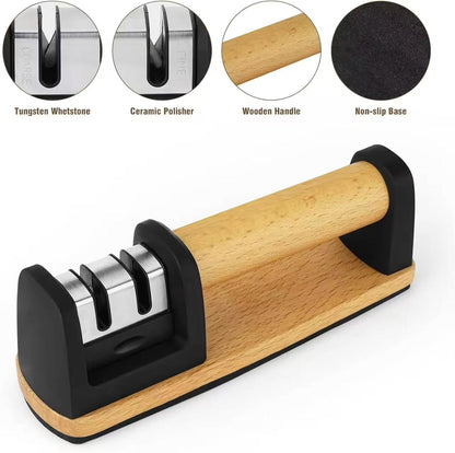 Wood-handled household kitchen knife sharpener