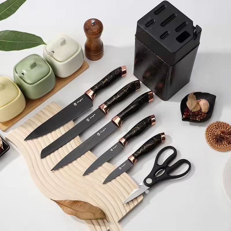 Marble-patterned stainless steel kitchen knife set - 7-piece set
