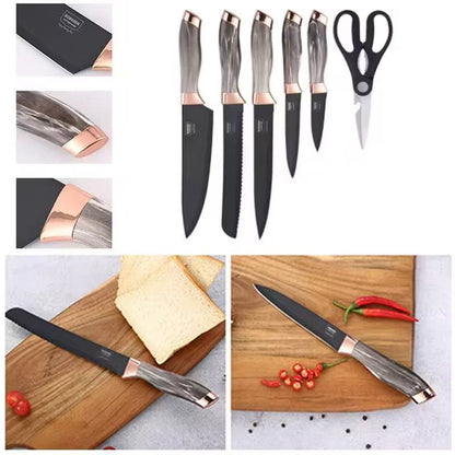 Marble-patterned stainless steel kitchen knife set - 7-piece set
