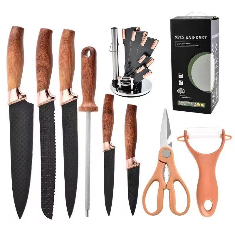Wood-grain coated handle stainless steel kitchen knife set - 9-piece set