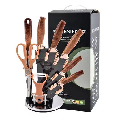 Wood-grain coated handle stainless steel kitchen knife set - 9-piece set