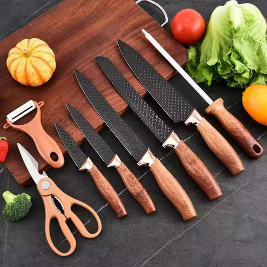 Wood-grain coated handle stainless steel kitchen knife set - 9-piece set