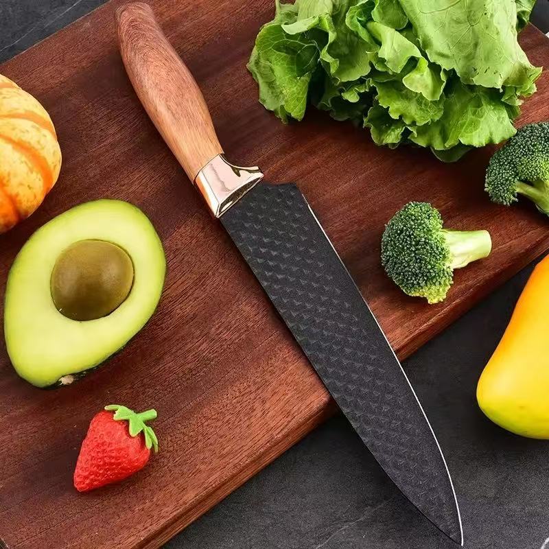 Wood-grain coated handle stainless steel kitchen knife set - 9-piece set