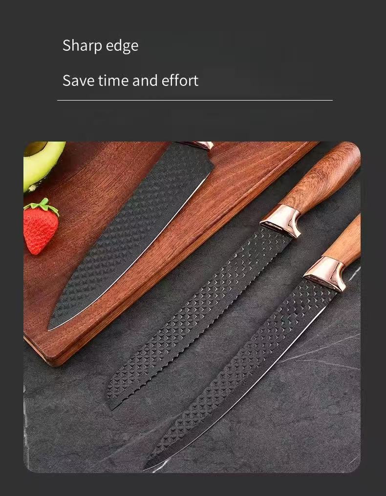 Wood-grain coated handle stainless steel kitchen knife set - 9-piece set