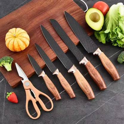 Wood-grain coated handle stainless steel kitchen knife set - 7-piece set