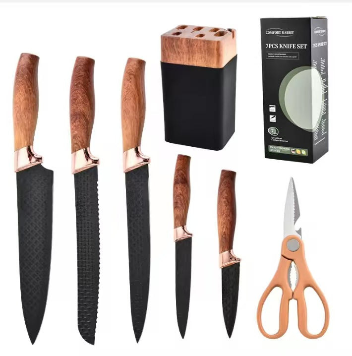 Wood-grain coated handle stainless steel kitchen knife set - 7-piece set