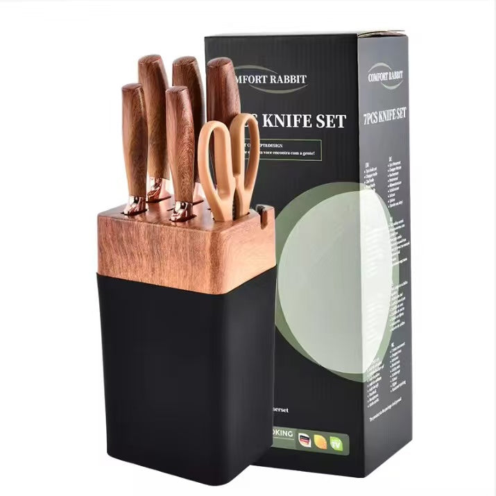 Wood-grain coated handle stainless steel kitchen knife set - 7-piece set