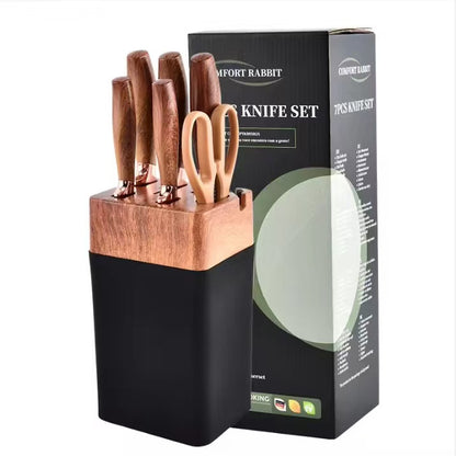 Wood-grain coated handle stainless steel kitchen knife set - 7-piece set