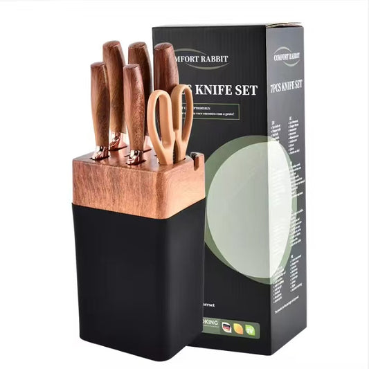 Wood-grain coated handle stainless steel kitchen knife set - 7-piece set