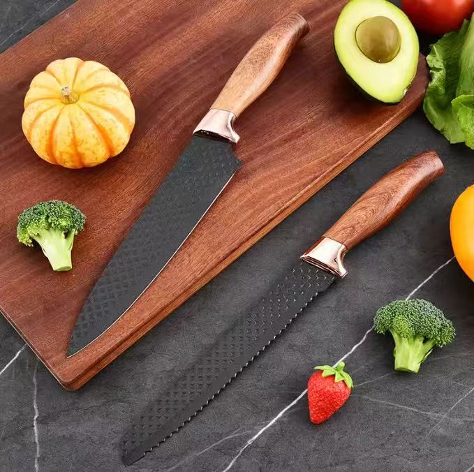 Wood-grain coated handle stainless steel kitchen knife set - 7-piece set