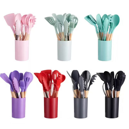 600g/700g/800g Wood-handled silicone kitchenware set - 12-piece set