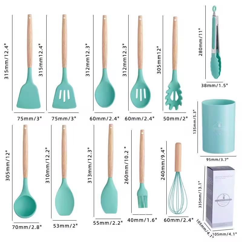 600g/700g/800g Wood-handled silicone kitchenware set - 12-piece set