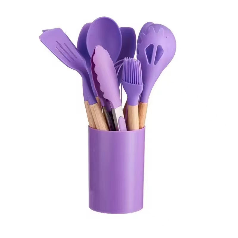 600g/700g/800g Wood-handled silicone kitchenware set - 12-piece set