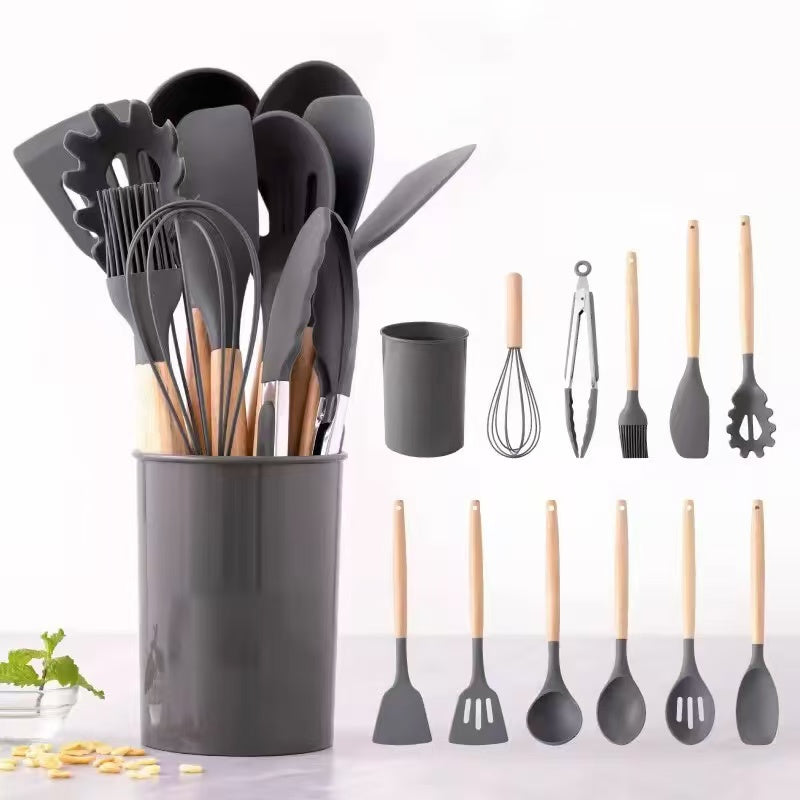 600g/700g/800g Wood-handled silicone kitchenware set - 12-piece set