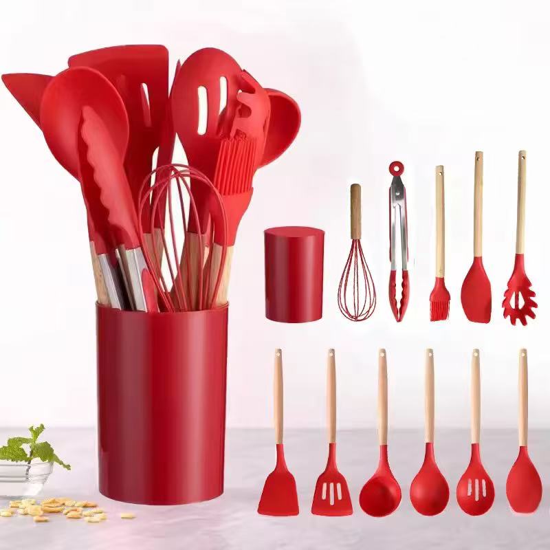 600g/700g/800g Wood-handled silicone kitchenware set - 12-piece set