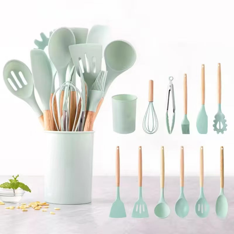 600g/700g/800g Wood-handled silicone kitchenware set - 12-piece set