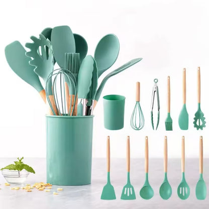600g/700g/800g Wood-handled silicone kitchenware set - 12-piece set