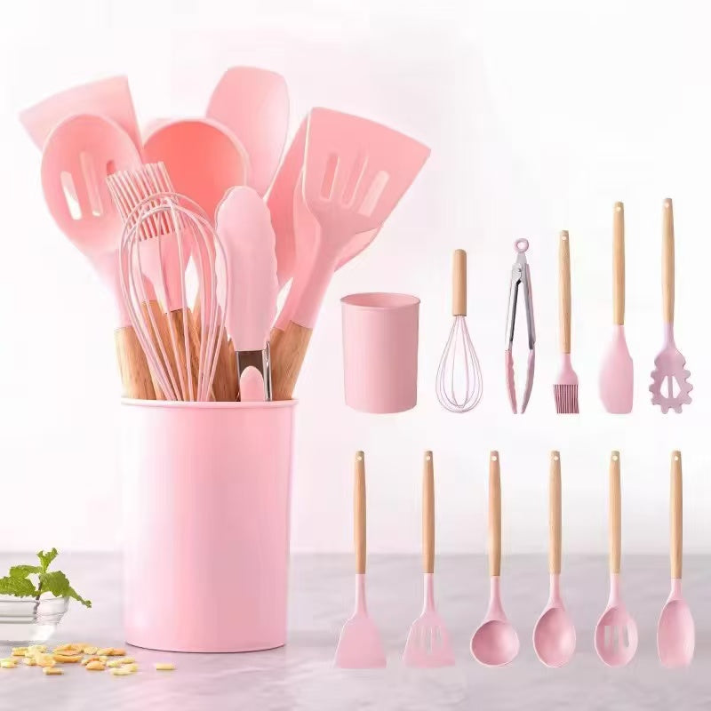 600g/700g/800g Wood-handled silicone kitchenware set - 12-piece set