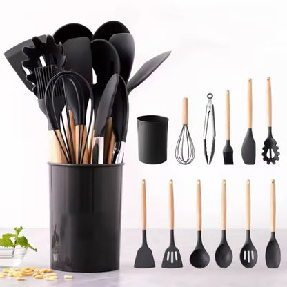 600g/700g/800g Wood-handled silicone kitchenware set - 12-piece set