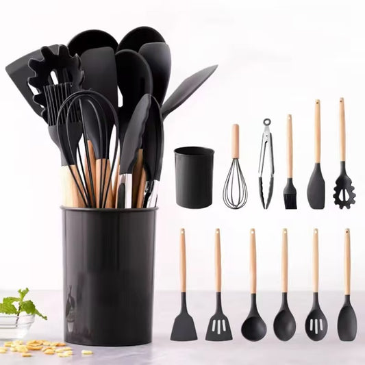 600g/700g/800g Wood-handled silicone kitchenware set - 12-piece set