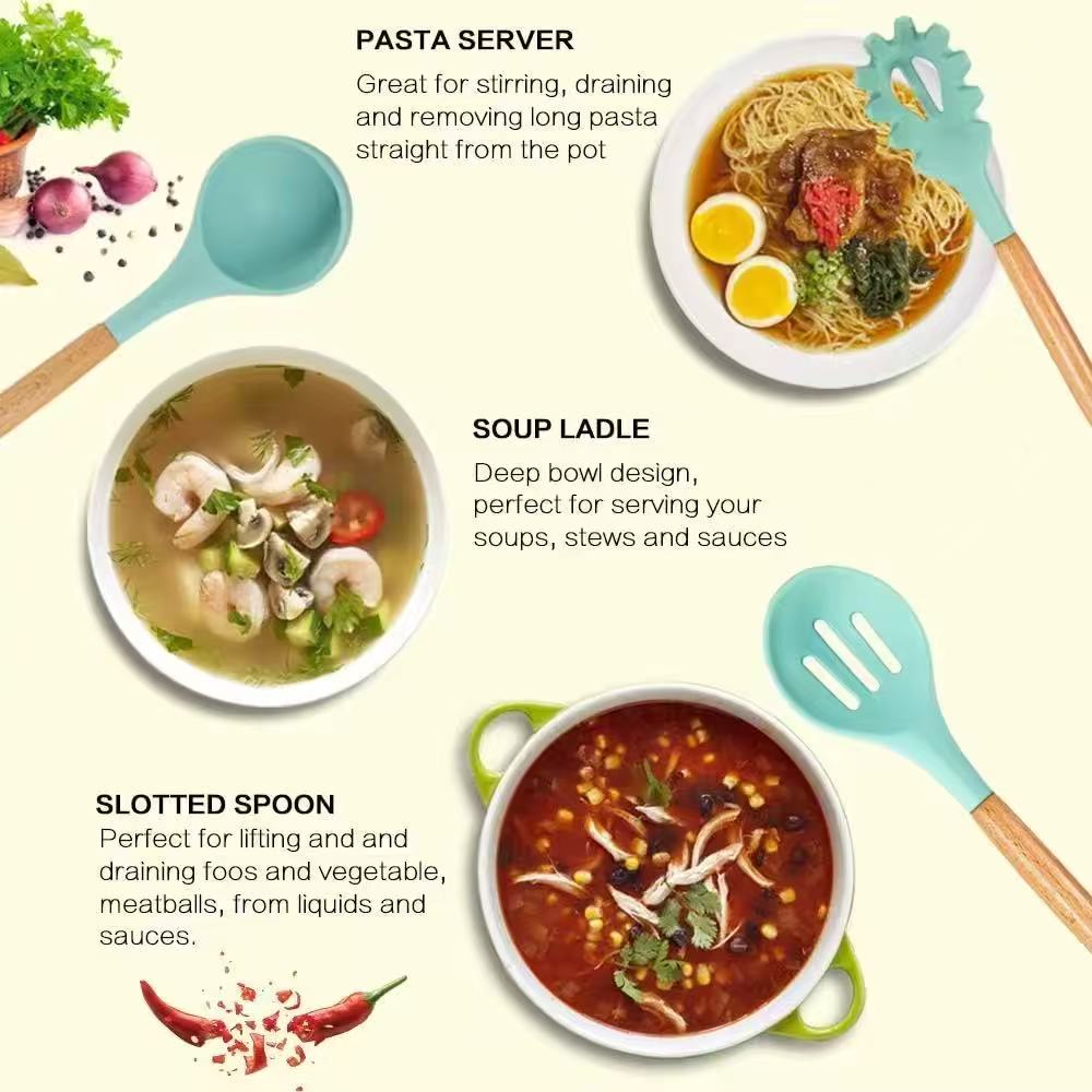 600g/700g/800g Wood-handled silicone kitchenware set - 12-piece set