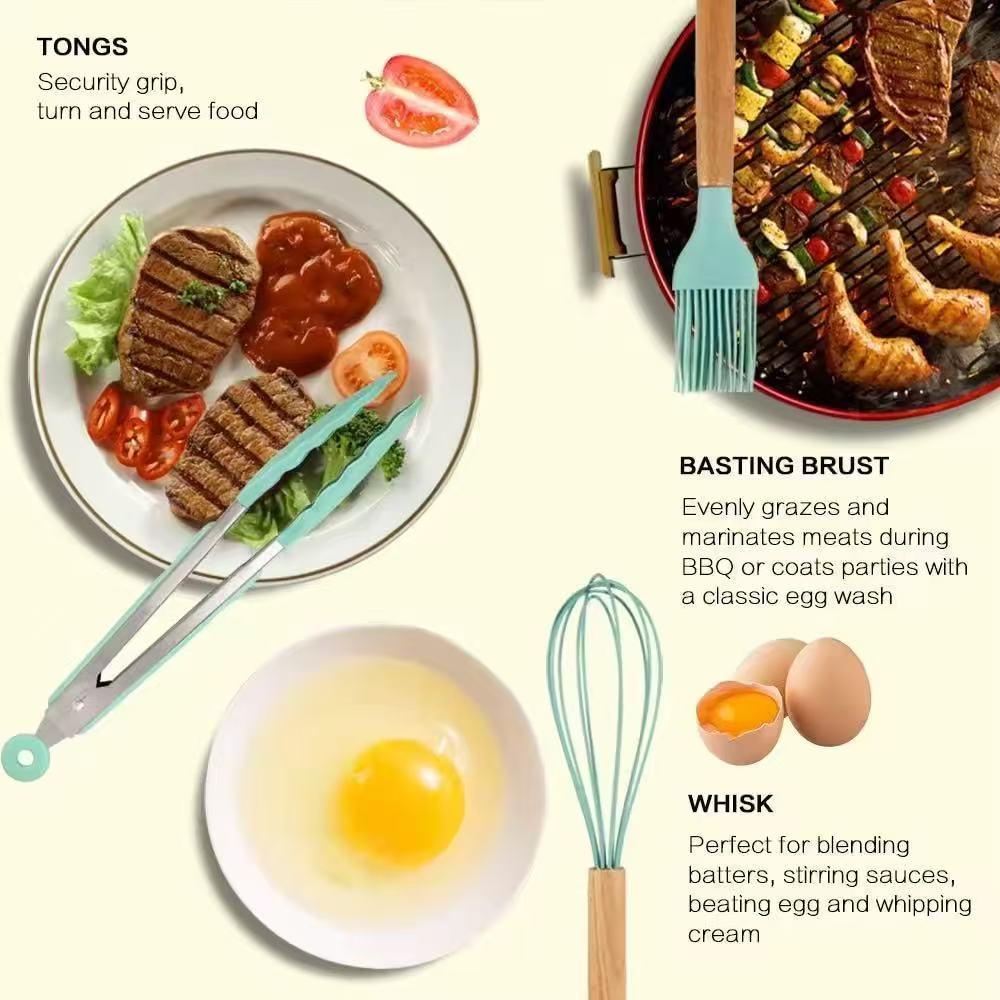 600g/700g/800g Wood-handled silicone kitchenware set - 12-piece set