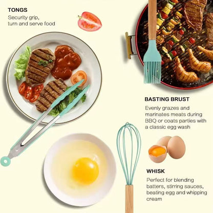 600g/700g/800g Wood-handled silicone kitchenware set - 12-piece set