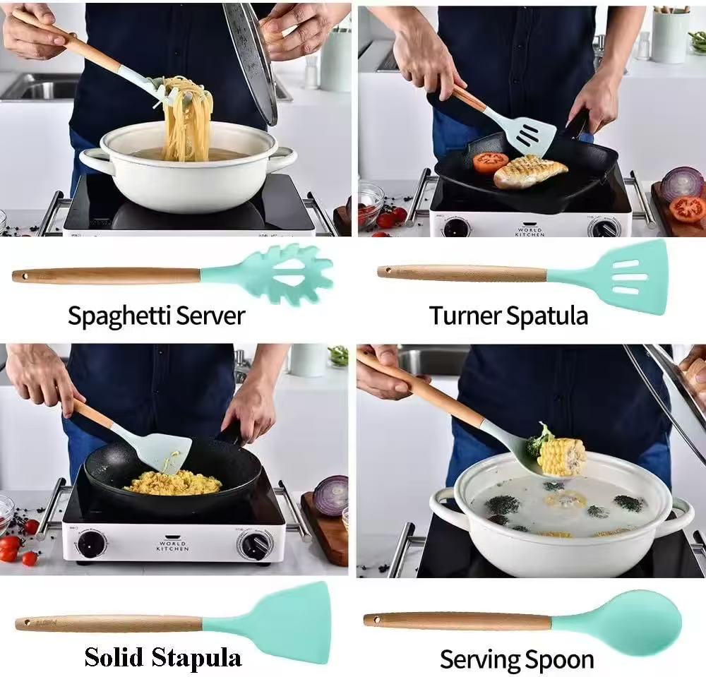 600g/700g/800g Wood-handled silicone kitchenware set - 12-piece set