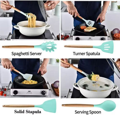 600g/700g/800g Wood-handled silicone kitchenware set - 12-piece set