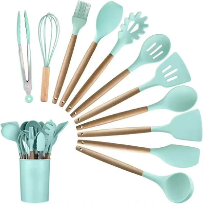 600g/700g/800g Wood-handled silicone kitchenware set - 12-piece set