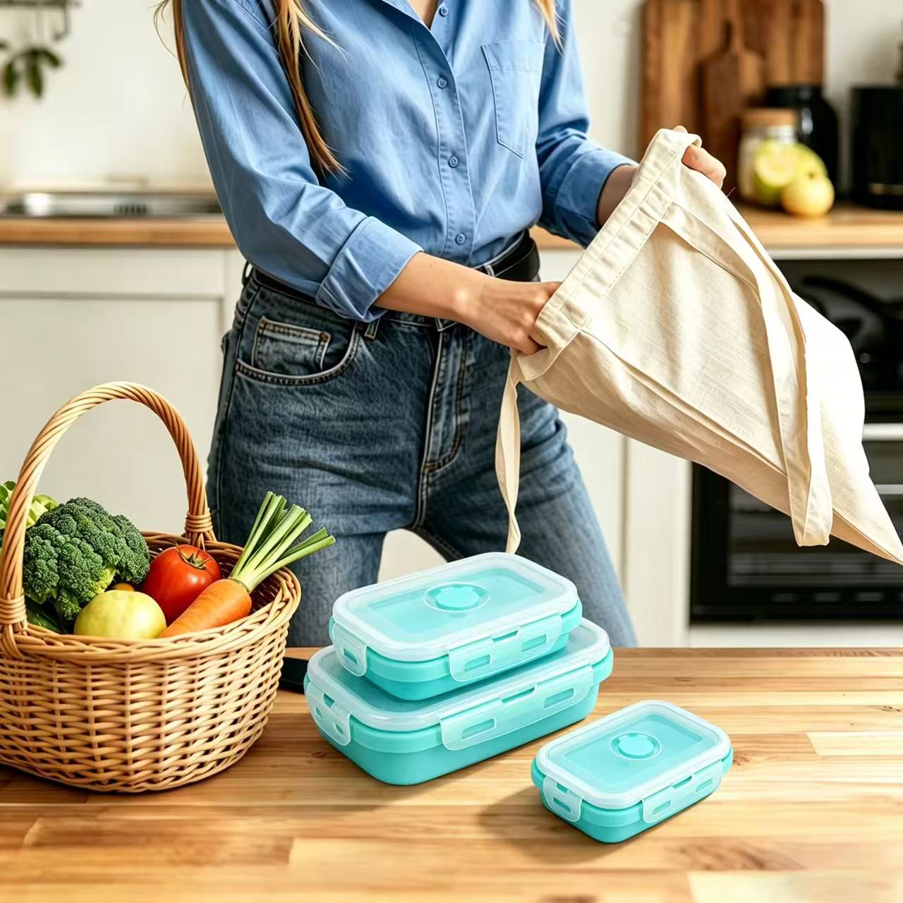 Foldable high-temperature-resistant food-grade silicone food storage container, refrigerator storage box, convenient outdoor packing box