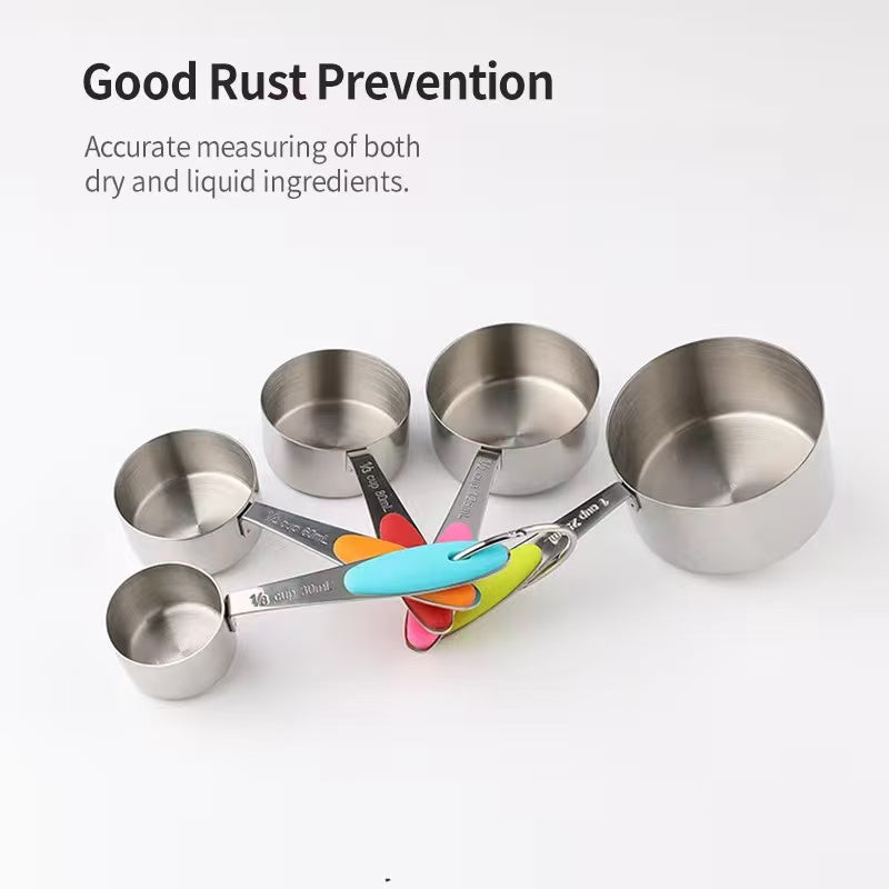 Silicone handle stainless steel measuring cup and measuring spoon set, scale-reading kitchen baking tool set