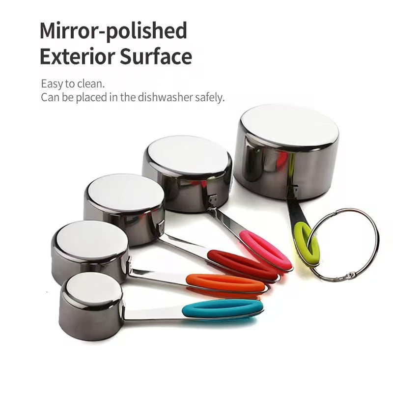 Silicone handle stainless steel measuring cup and measuring spoon set, scale-reading kitchen baking tool set