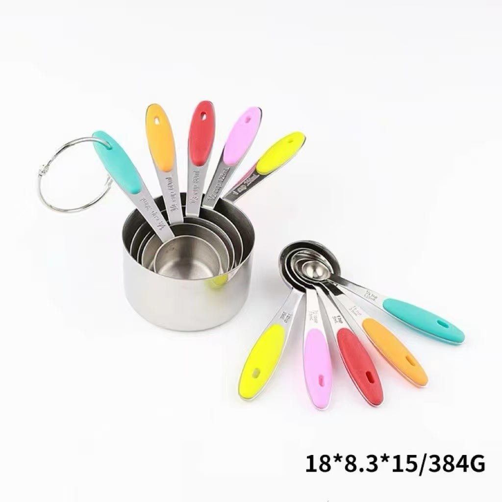 Silicone handle stainless steel measuring cup and measuring spoon set, scale-reading kitchen baking tool set