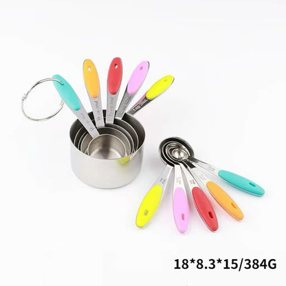 Silicone handle stainless steel measuring cup and measuring spoon set, scale-reading kitchen baking tool set