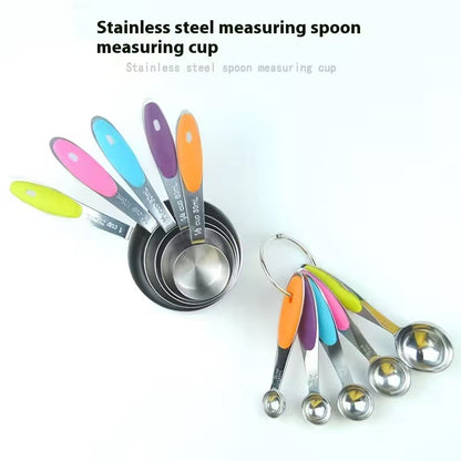Silicone handle stainless steel measuring cup and measuring spoon set, scale-reading kitchen baking tool set