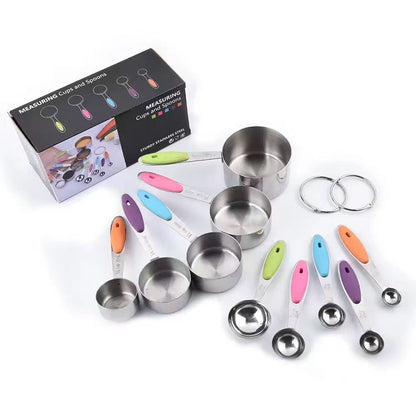 Silicone handle stainless steel measuring cup and measuring spoon set, scale-reading kitchen baking tool set
