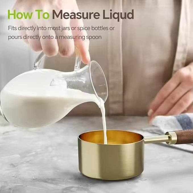 Wood Handle Titanium Gold Stainless Steel Measuring Cup and Measuring Spoon Set, Kitchen Baking Tool Set