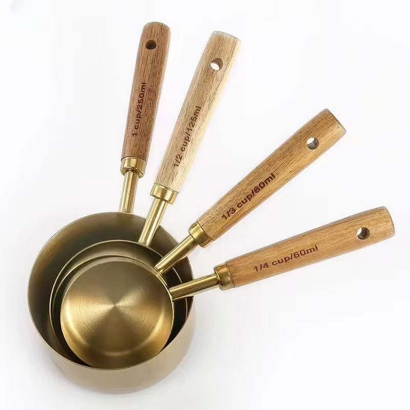 Wood Handle Titanium Gold Stainless Steel Measuring Cup and Measuring Spoon Set, Kitchen Baking Tool Set