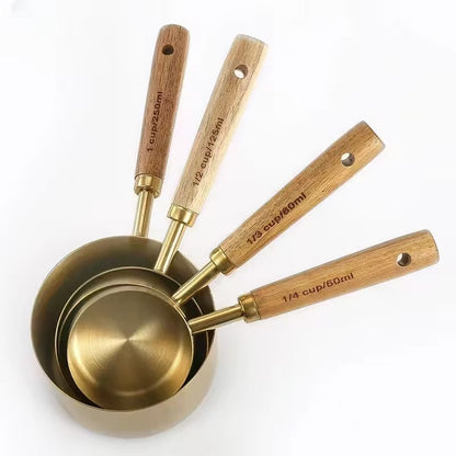 Wood Handle Titanium Gold Stainless Steel Measuring Cup and Measuring Spoon Set, Kitchen Baking Tool Set