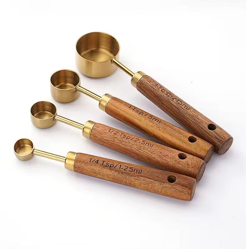 Wood Handle Titanium Gold Stainless Steel Measuring Cup and Measuring Spoon Set, Kitchen Baking Tool Set